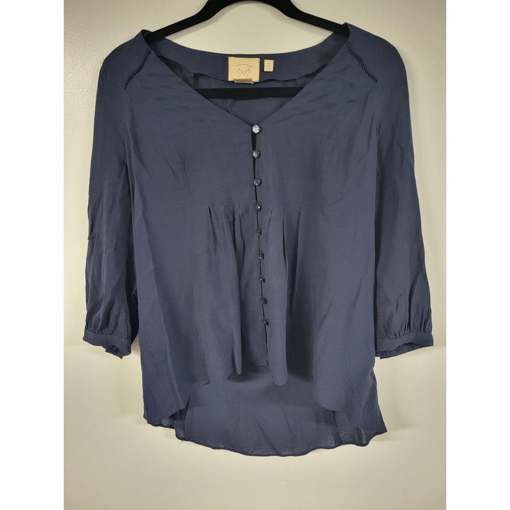 Vanessa Virginia Anthropologie Navy Blue Button Down Hi-Lo Blouse‎ Top US 0